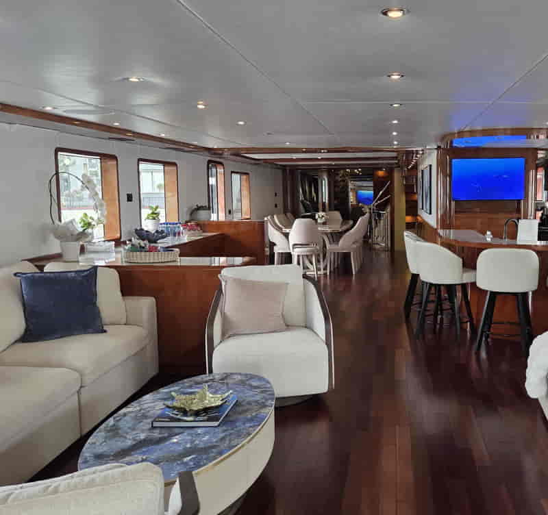 Aurora's open-plan main salon with bar and dining