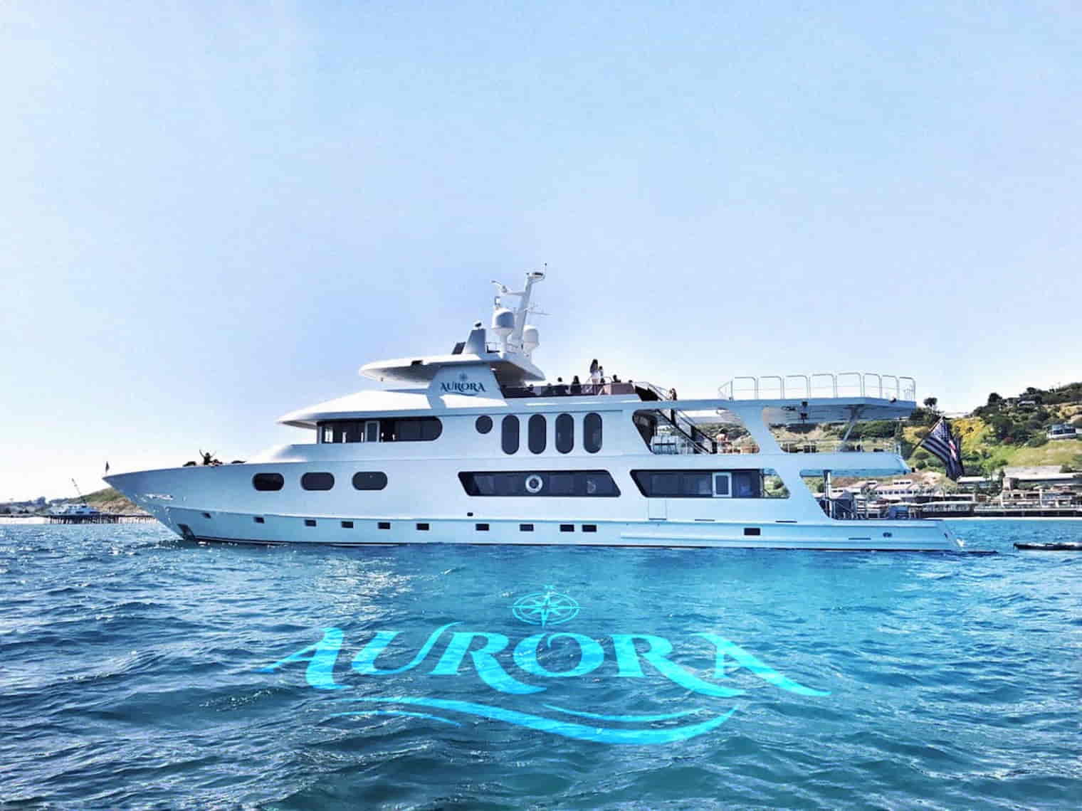 Aurora 143-foot luxury charter yacht dockside in Marina del Rey